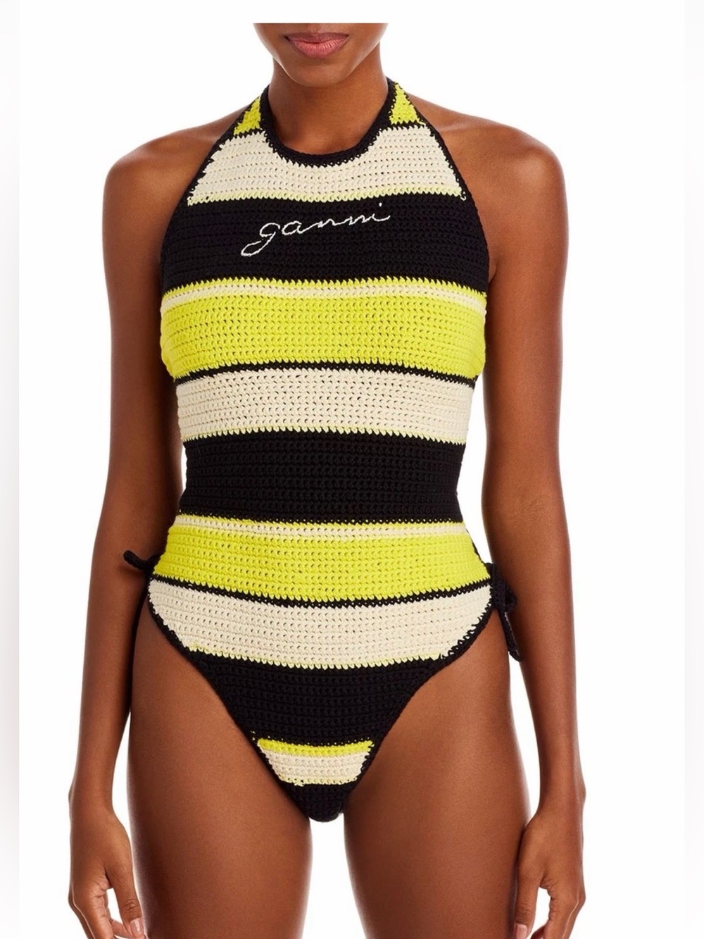 Ganni Black, Yellow Women’s Crochet Stripe Halter One Piece Swimsuit Size S 36